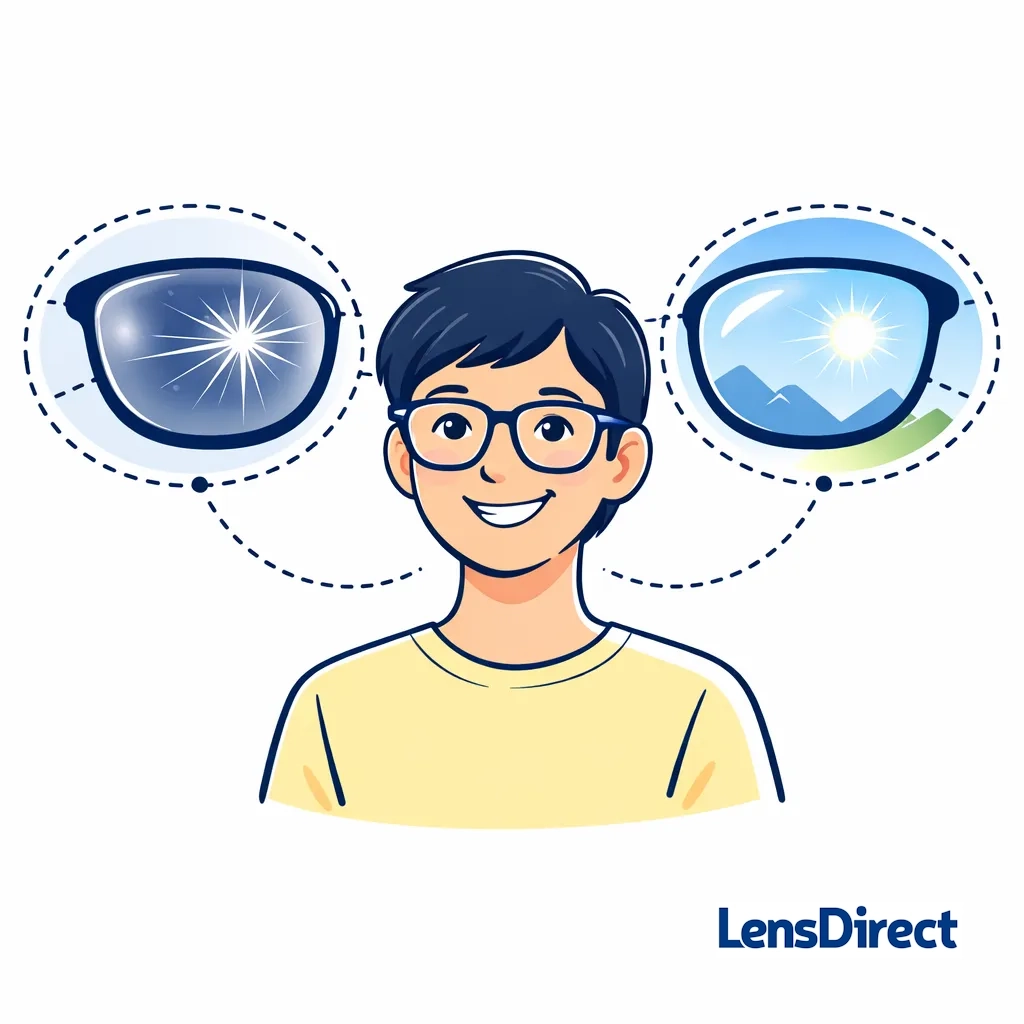 Scene of a person wearing refreshed glasses with clear vision, looking happy and comfortable after lens replacement.