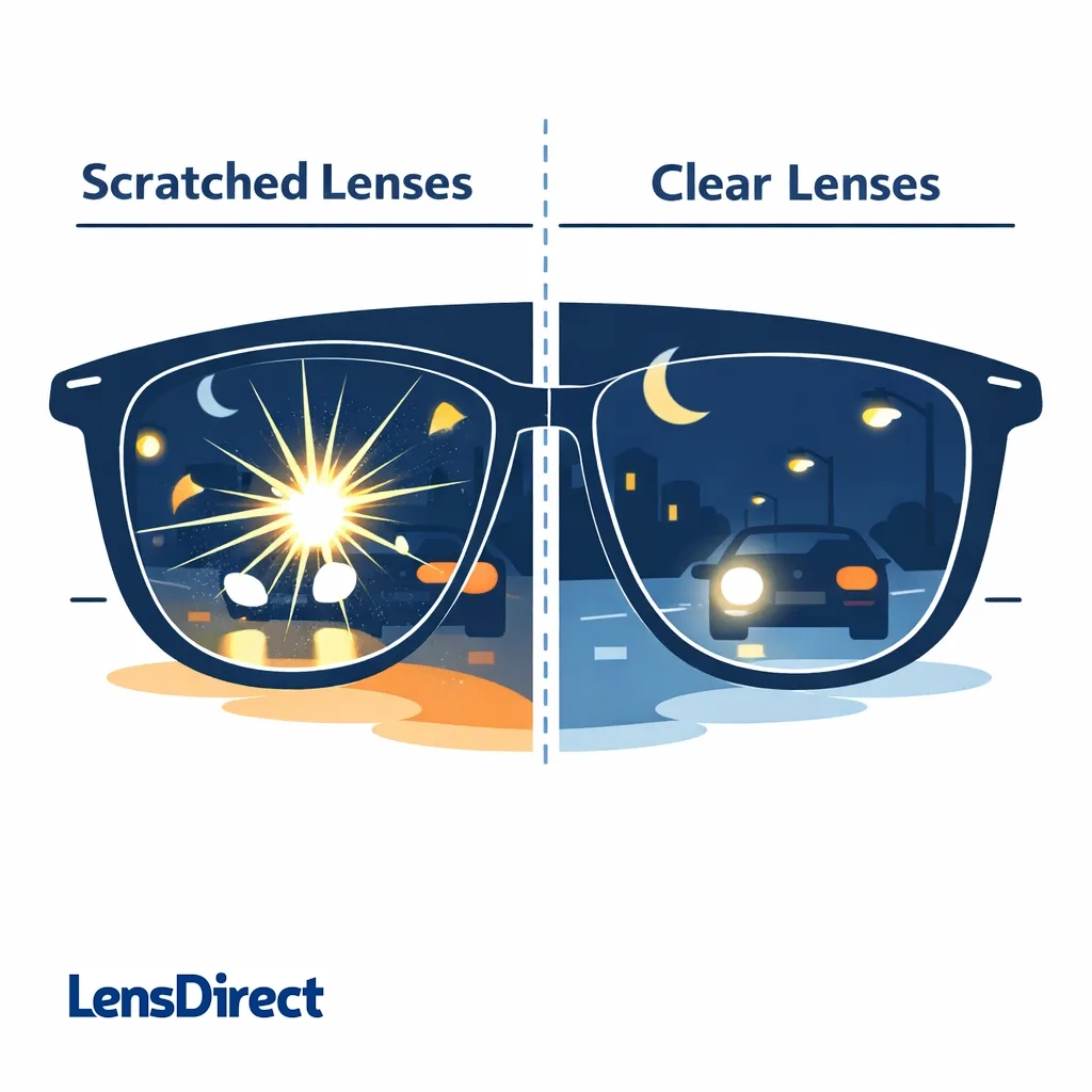 Split-screen image comparing a nighttime view through scratched glasses with starburst glare to a clear view without scratches.