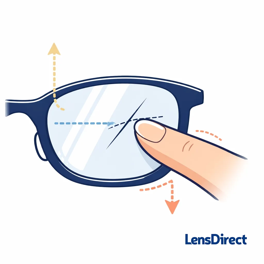Close-up line art of an eyeglass lens showing faint spiderweb-like hairline scratches highlighted with dotted lines.