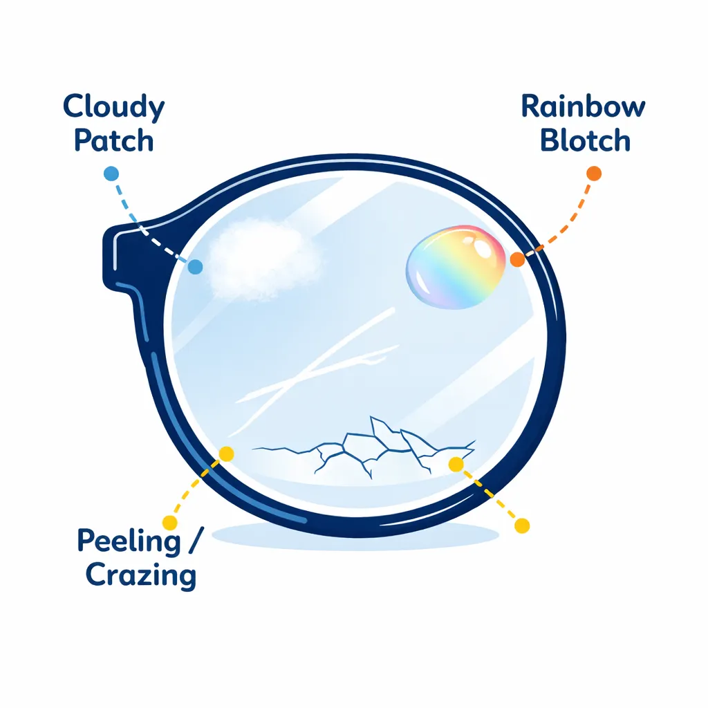 Illustration of a hand lightly running a fingernail across a deep scratch on a lens to show the depth of damage.