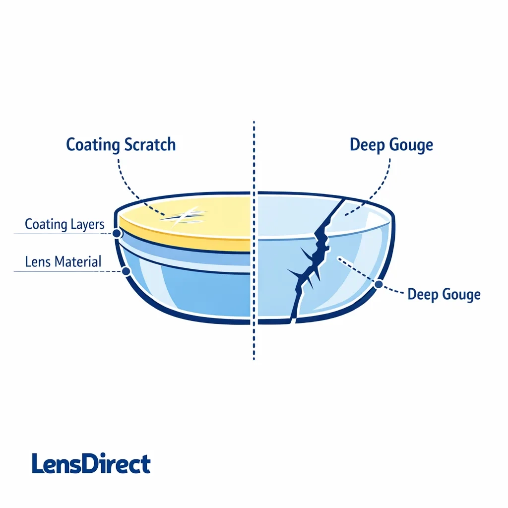 Diagram of an eyeglass lens depicting coating damage including cloudy patches, rainbow blotches and peeling crazing textures.