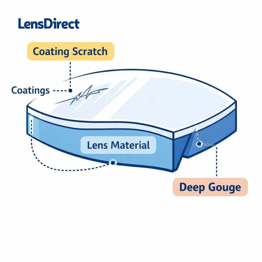 Cutaway diagram of a prescription lens showing layers of material and coatings with dotted lines indicating scratch versus gouge.