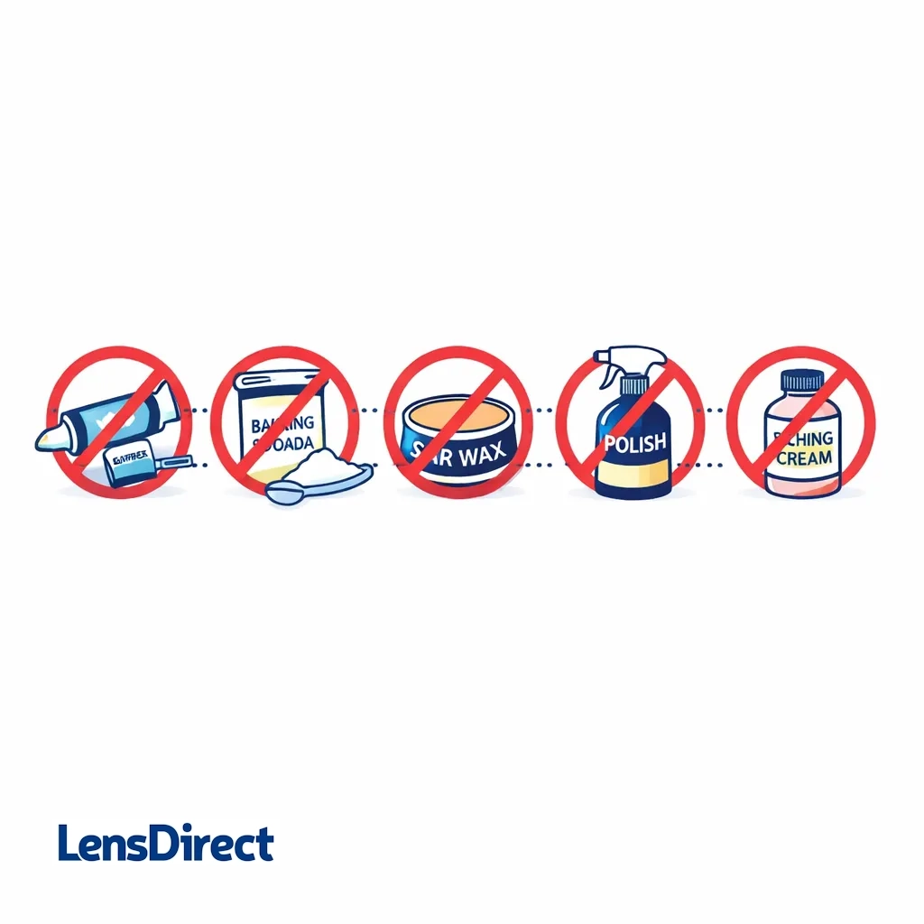 Infographic displaying icons for toothpaste, baking soda, car wax, furniture polish and etching cream, all crossed out.