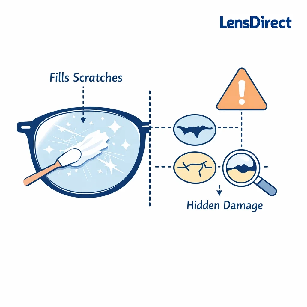 Illustration of a lens with micro-scratches being filled by a paste, with a dotted line warning about hidden damage.