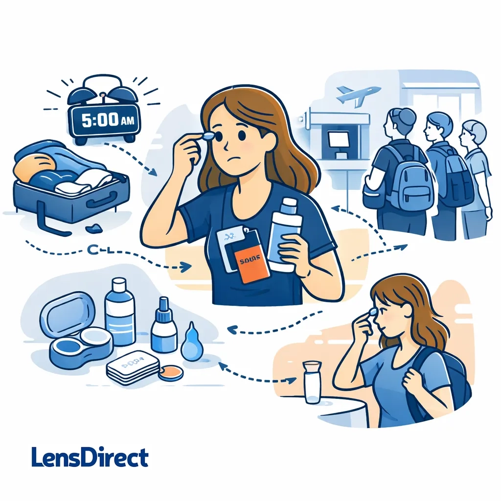 A traveler rushing through airport security with early alarms and contact lens supplies.