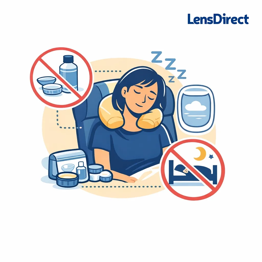 Illustration advising against sleeping in contact lenses during a flight.