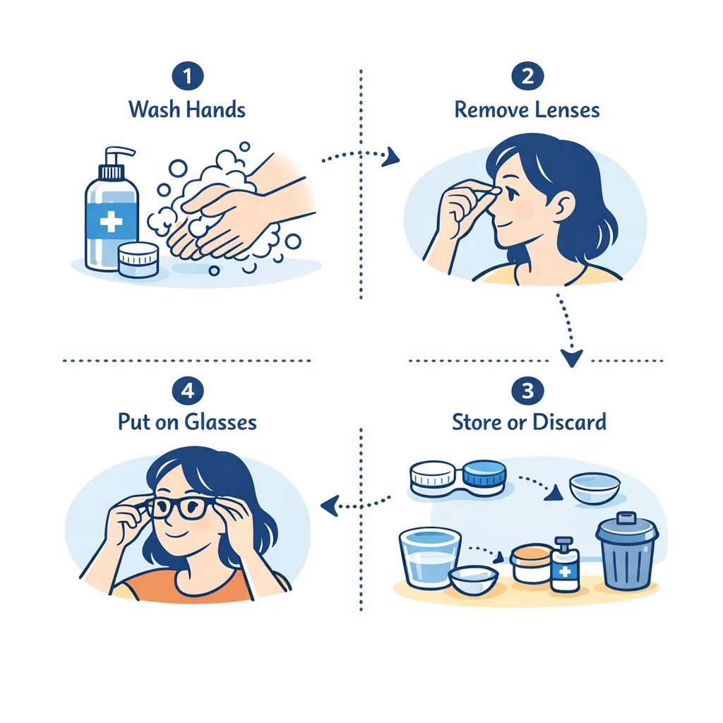Step‑by‑step infographic for mid‑flight lens removal: wash hands, remove lenses, store or discard, put on glasses.