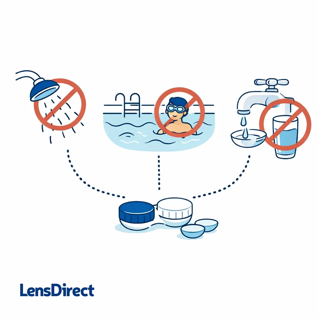 Diagram showing no showers, swimming, or tap water exposure for contact lenses.