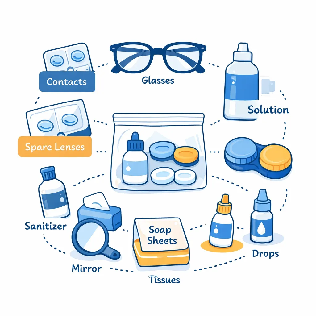 Carry‑on kit essentials including contacts, backup glasses, solution, lens case, drops, soap sheets, sanitizer, mirror, and tissues.