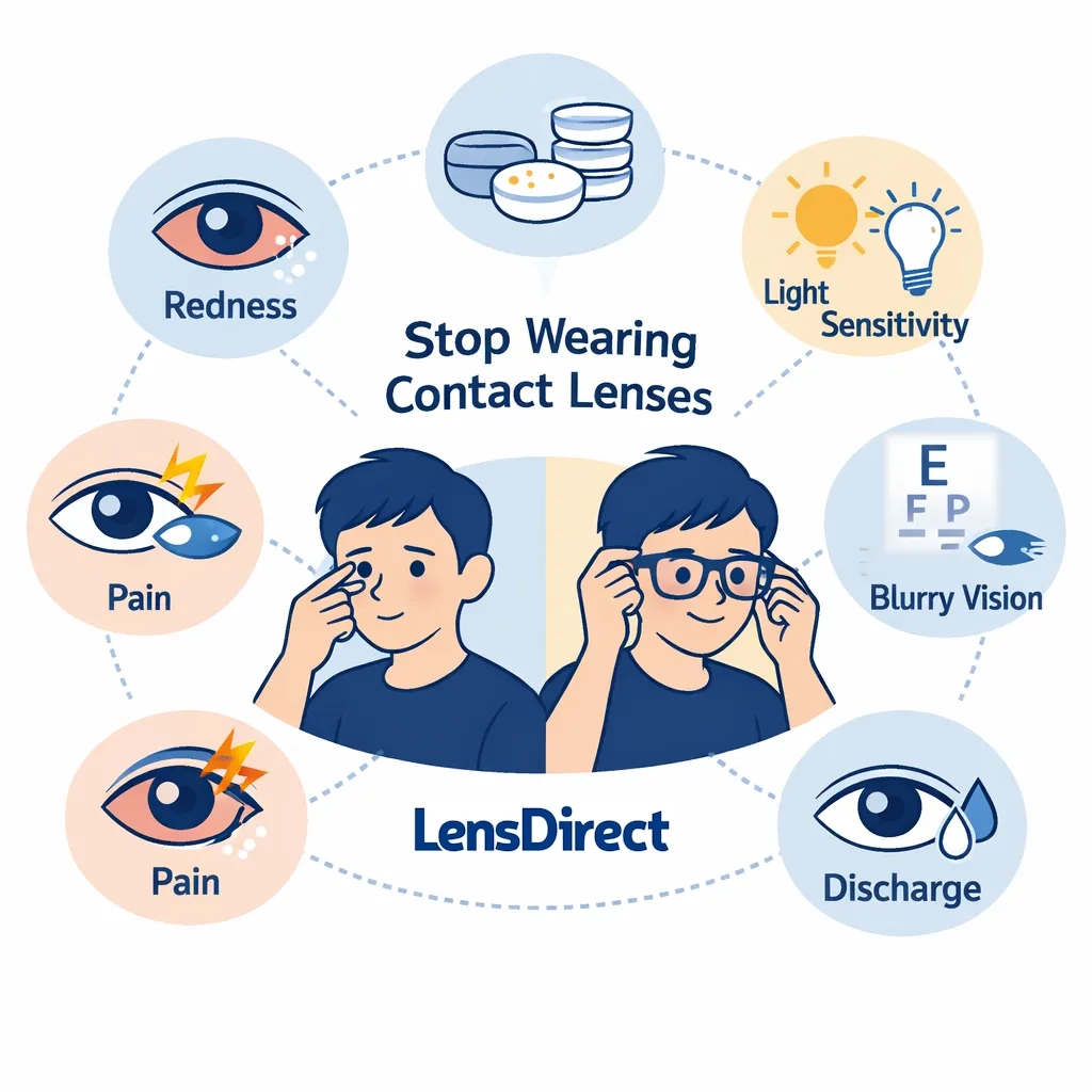Signs to stop wearing contacts: redness, pain, light sensitivity, blurry vision, discharge, leading to switching to glasses.