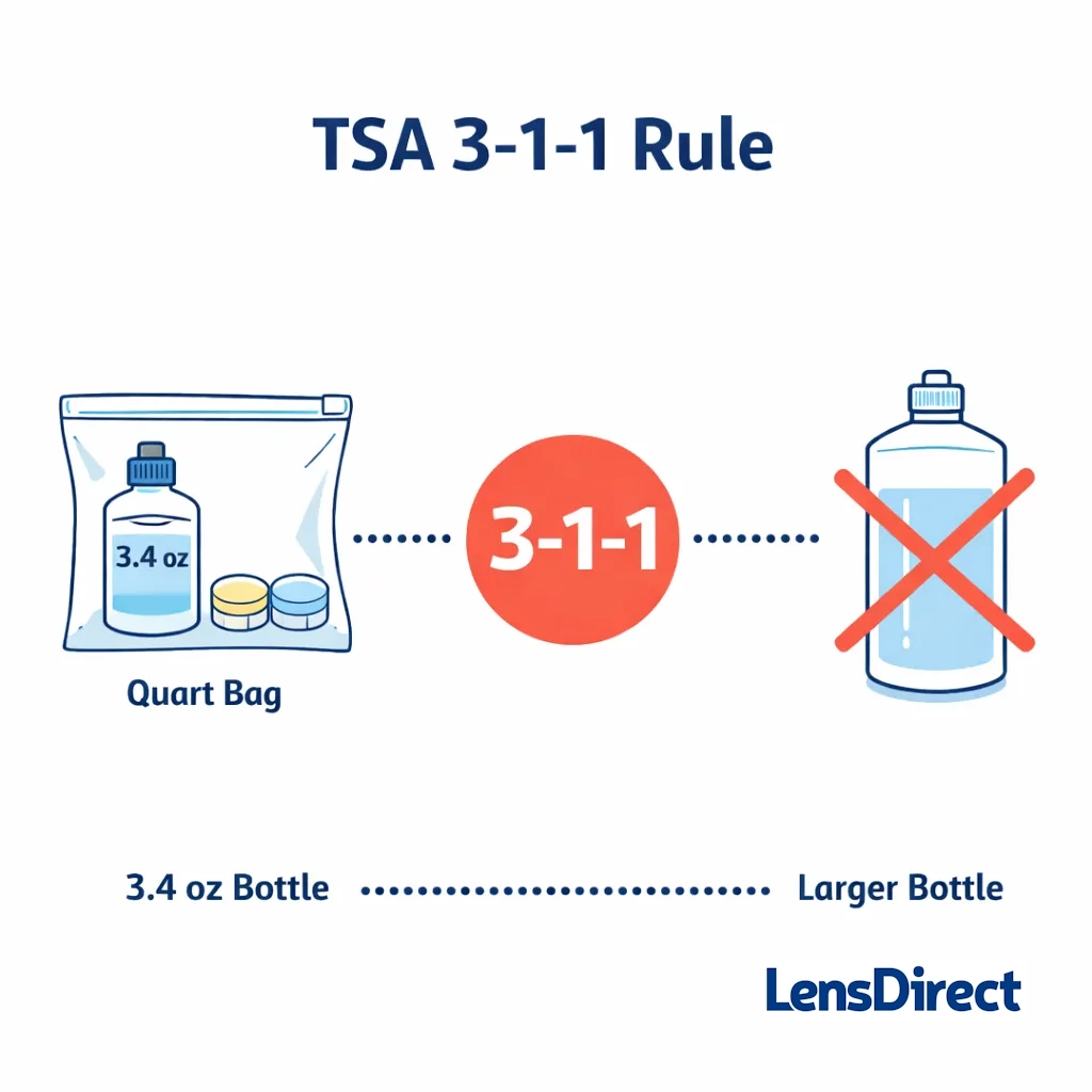 Illustration of the TSA 3‑1‑1 rule showing a 3.4 oz contact solution bottle in a quart bag and a prohibited large bottle.