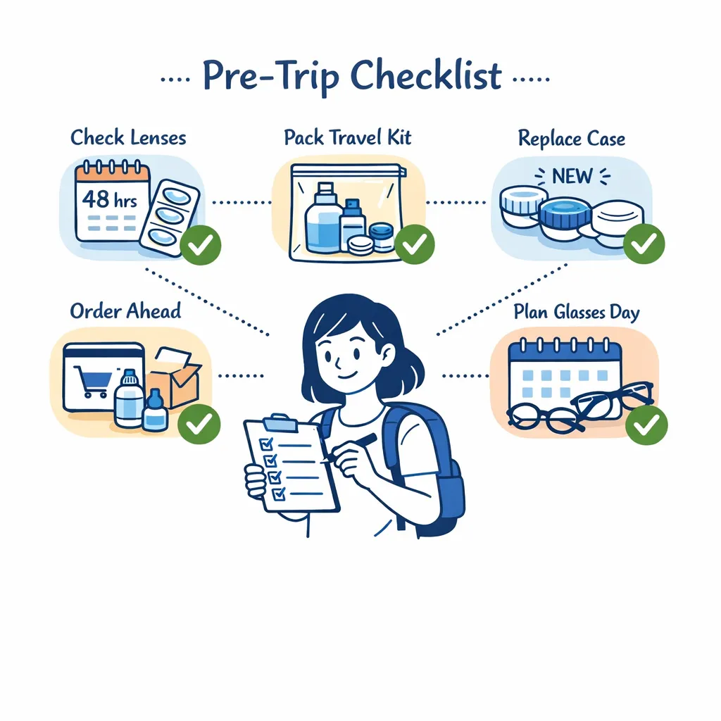 Pre‑trip checklist icons: check supply of lenses, pack travel kit, replace case, order ahead, and plan glasses day.