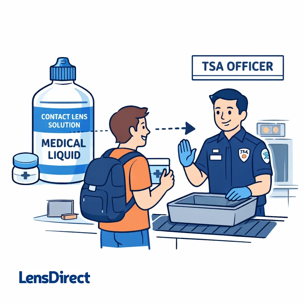Traveler declares a large contact lens solution bottle to a TSA officer as a medical liquid.