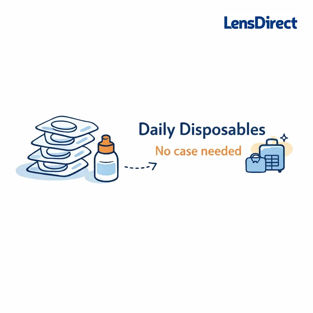 Stack of daily disposable contact lenses and a small bottle highlighting no case needed for travel.