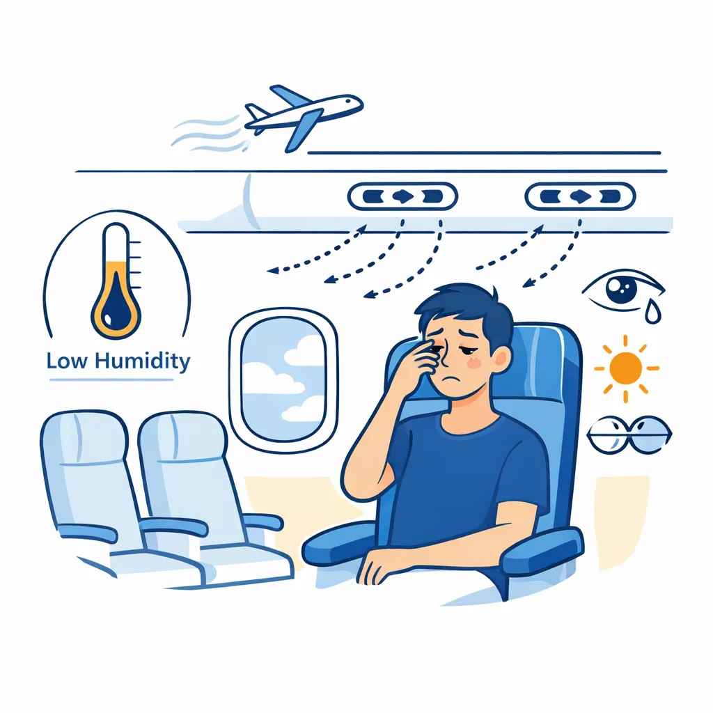 Dry airplane cabin with low humidity gauge and a passenger experiencing dry eyes from airflow.