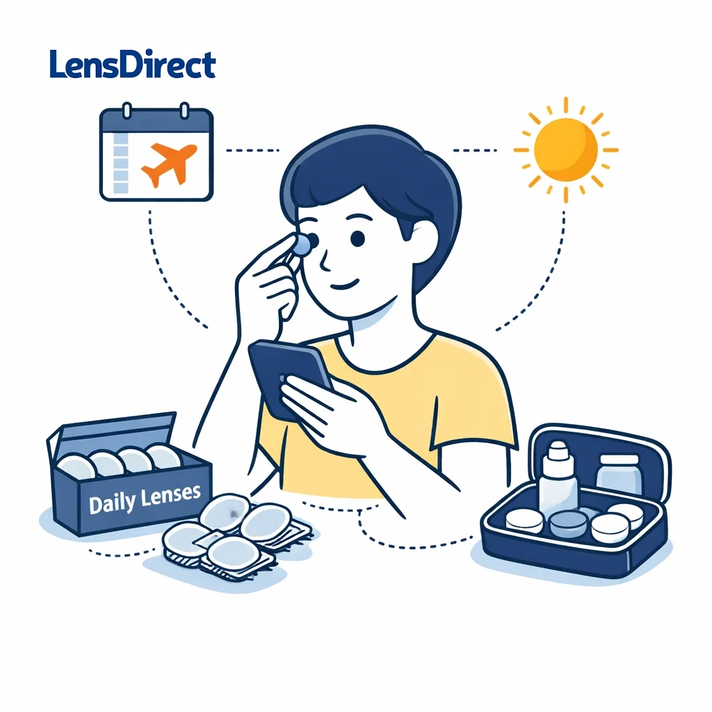 Person inserting a fresh pair of contact lenses before a trip with travel kit on the counter.