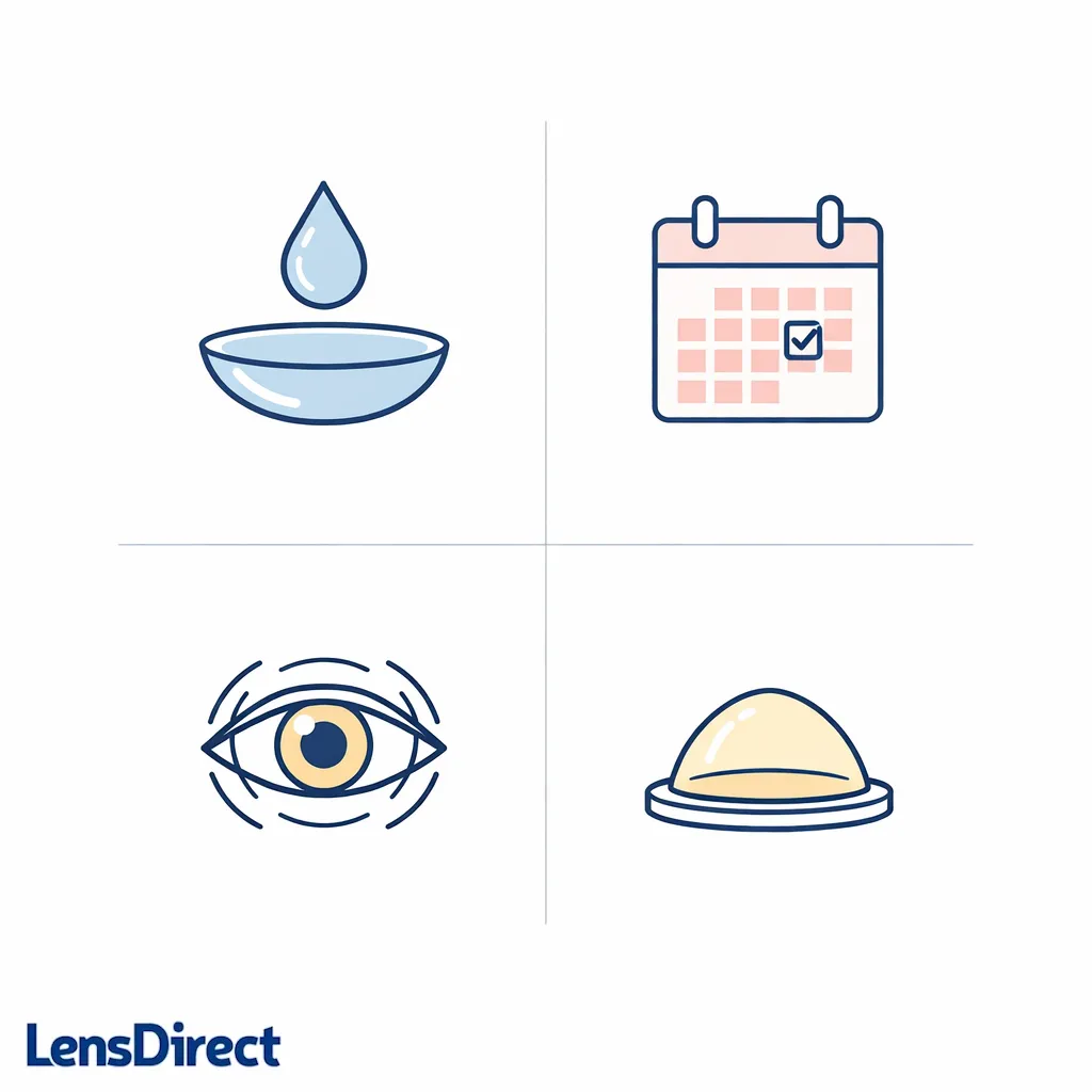 Minimal grid showing four contact lens categories with simple icons for material, schedule, vision needs, and specialty use.