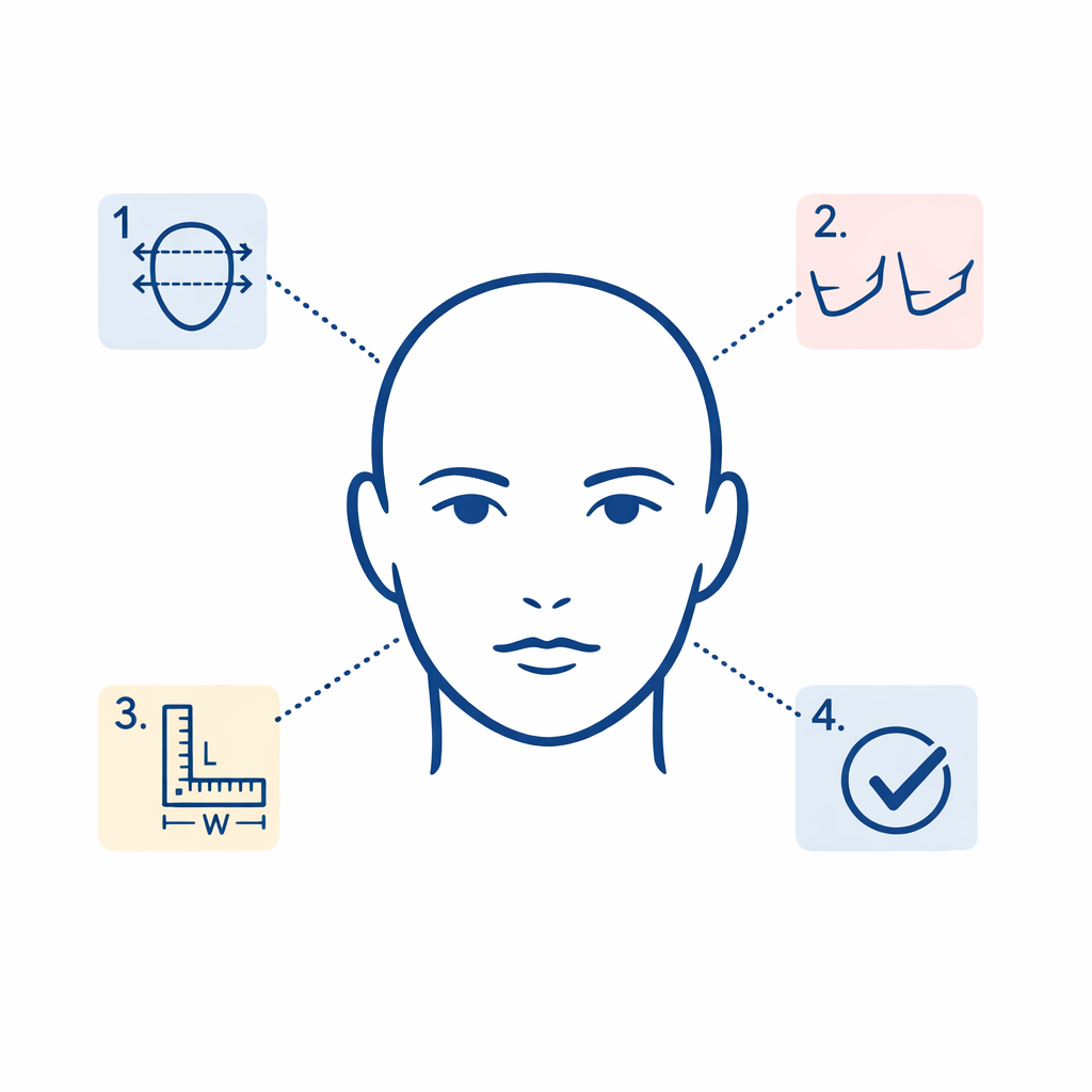 Minimal line-art face outline with four numbered steps showing how to identify face shape in under a minute.