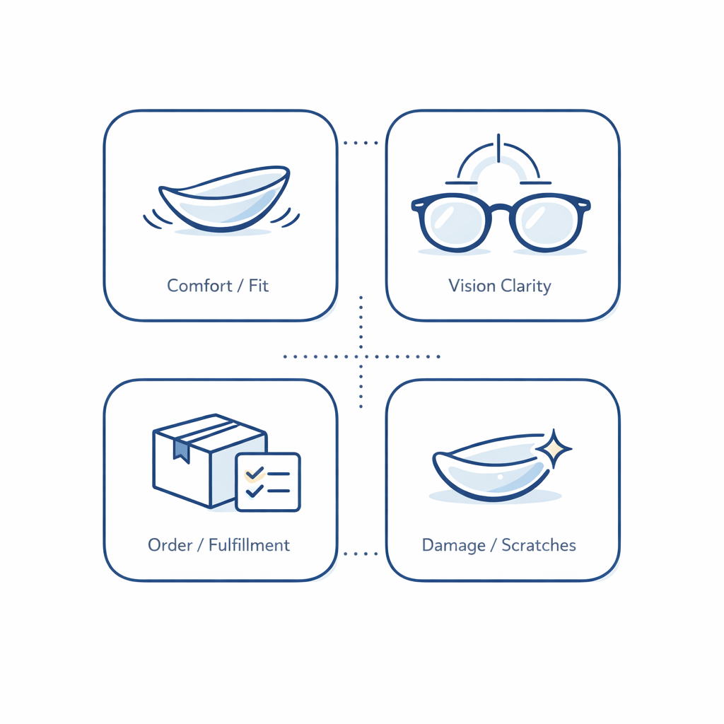 A simple grid shows fit, clarity, fulfillment, and damage as four issue categories for eyewear orders.
