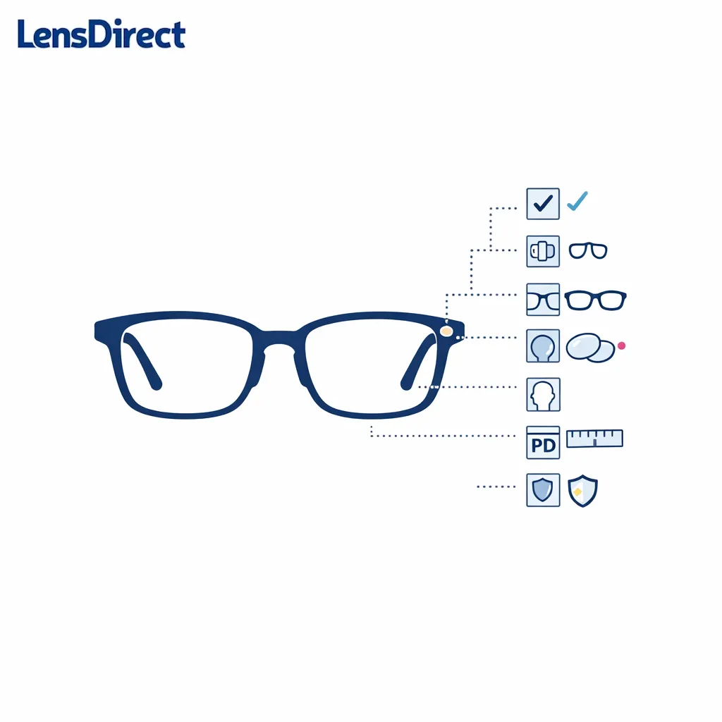 A minimalist checklist beside a pair of glasses highlighting key eligibility checks with simple icons.