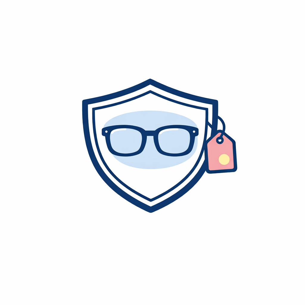 A centered shield icon with eyeglasses and a discount tag in minimal line art on white.