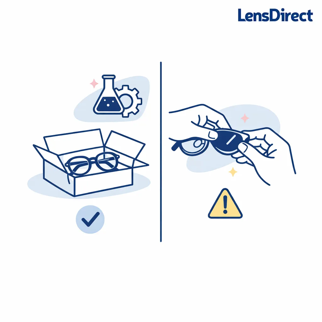 A split illustration compares mail-in lens replacement and DIY lens swapping with simple icons and checkmarks.