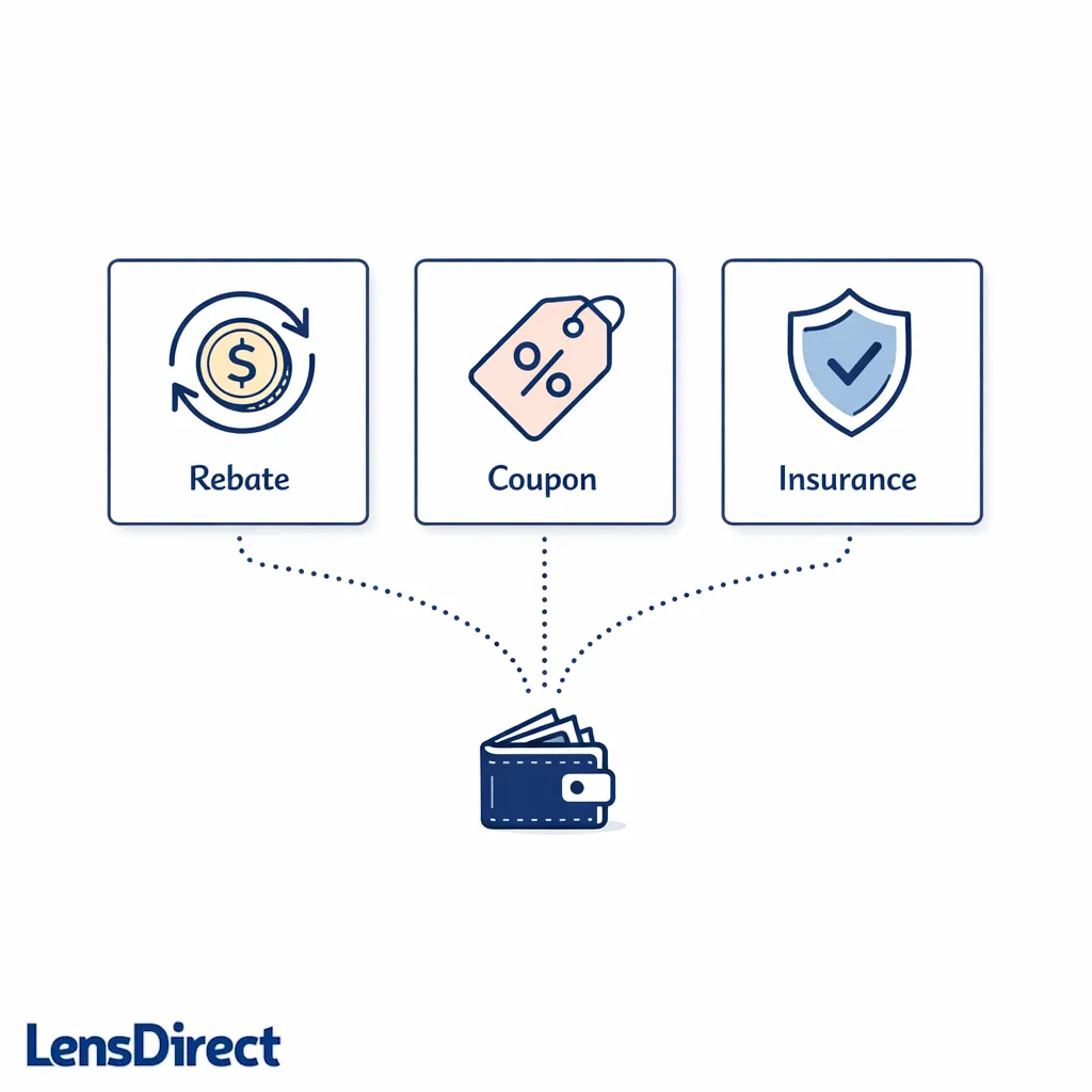 Minimal comparison of rebate, coupon, and insurance shown as three labeled cards with icons.