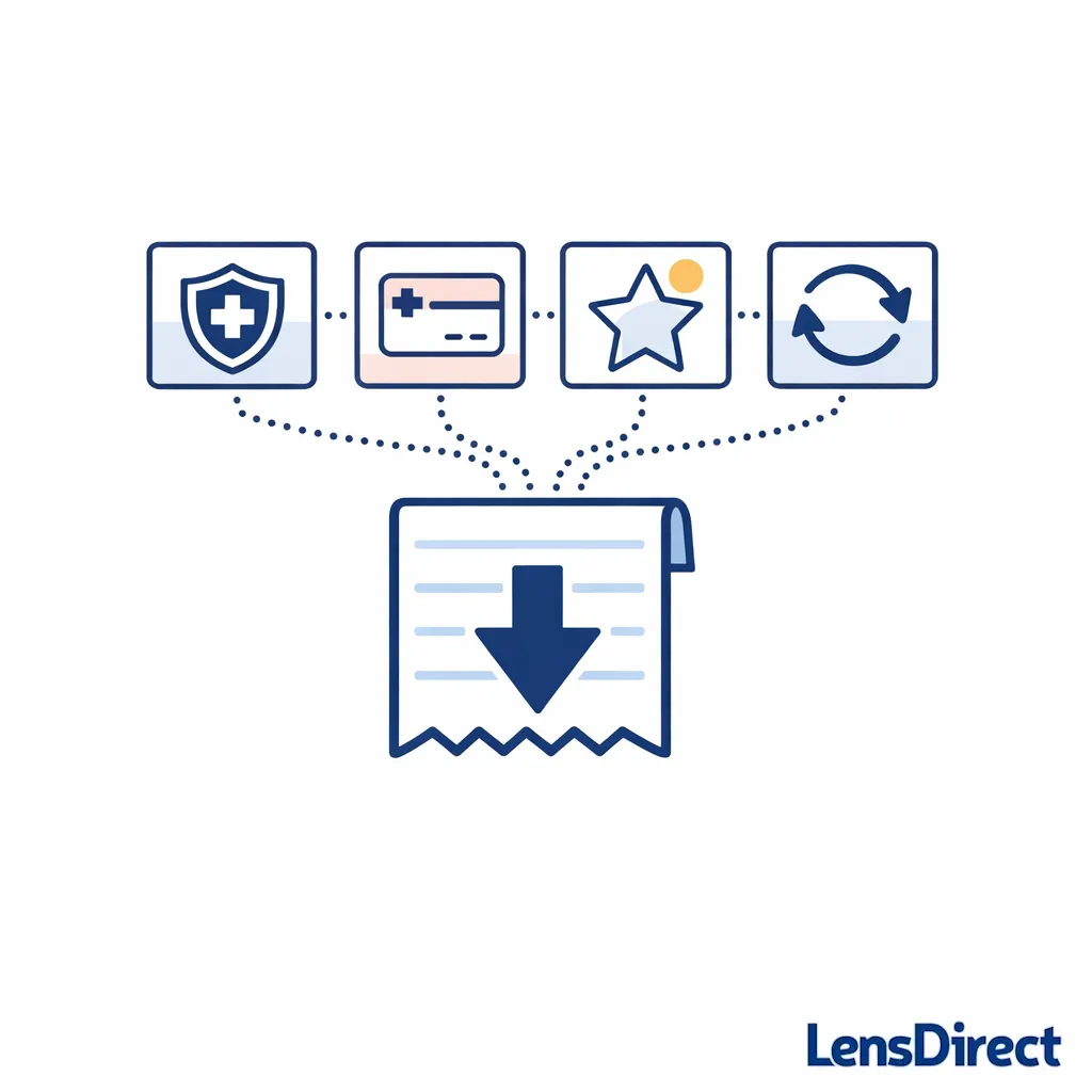 Minimal diagram showing insurance, FSA/HSA, rewards, and subscription stacking into lower total cost.
