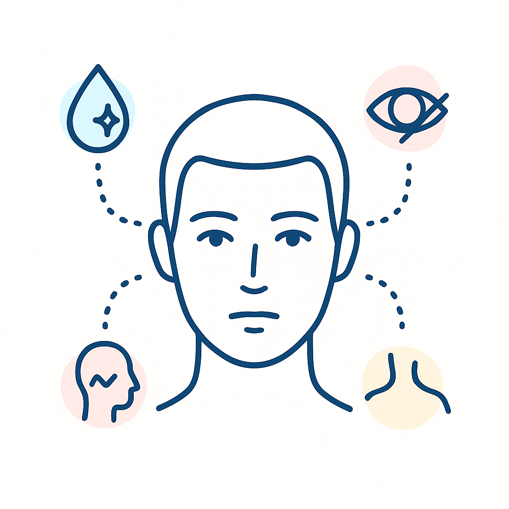 Minimal line-art face with icons for dry eyes, blur, headache, and neck tension arranged around it.