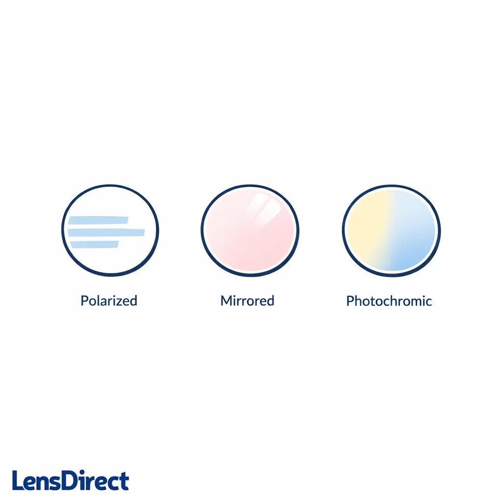Three sunglass lenses show polarized, mirrored, and photochromic effects in a simple side-by-side comparison.