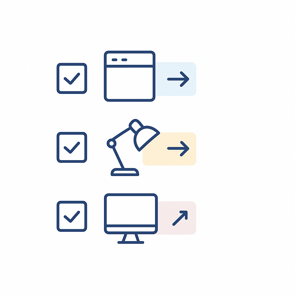 Three checklist icons for window position, lamp angle, and screen tilt to reduce glare.