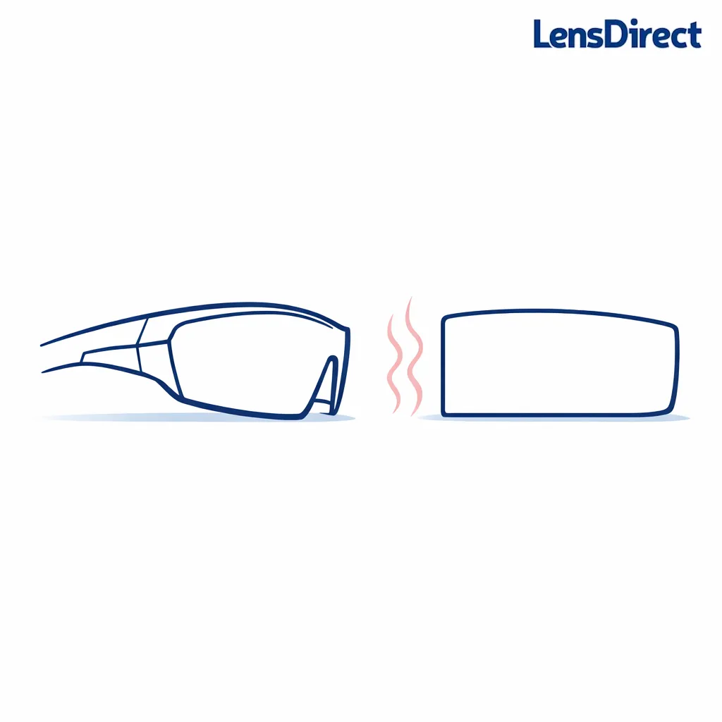A curved wrap sunglass lens is shown in profile to illustrate base curve and distortion risk.