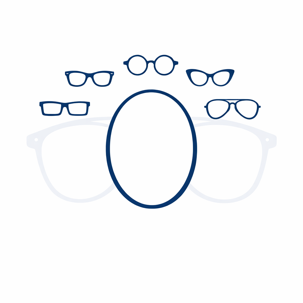 An oval face icon sits above a semicircle of diverse frame shapes to show versatility without over-oversizing.