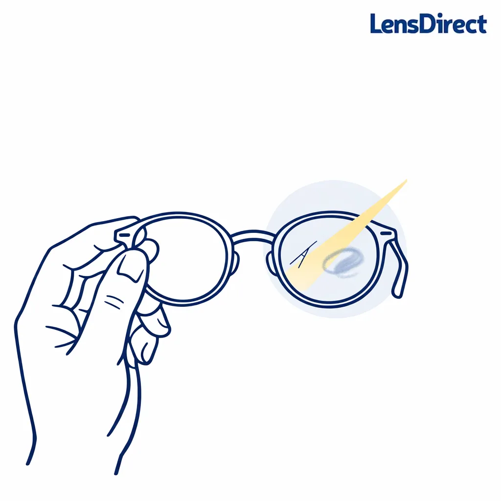 A lens held under a small light beam shows how to confirm a scratch versus smudge after cleaning.