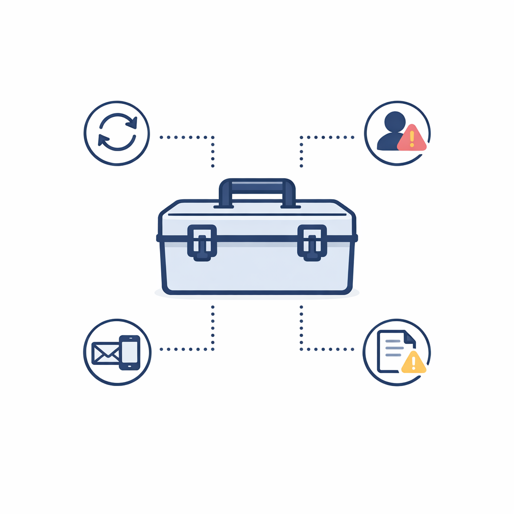 A small toolbox with four issue icons around it: refresh, ID mismatch, email, and document.