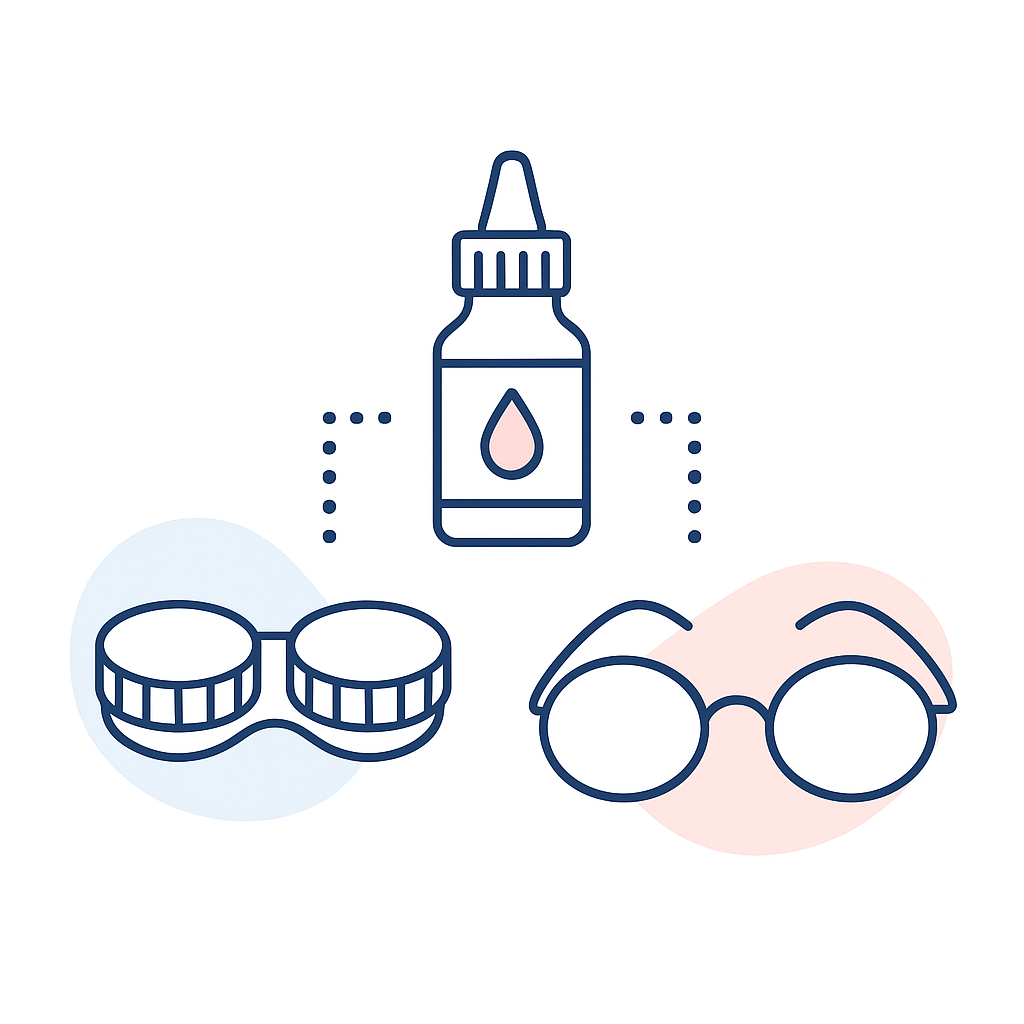 Contact lens case, rewetting drops, and backup glasses icons grouped as a simple preparedness kit.