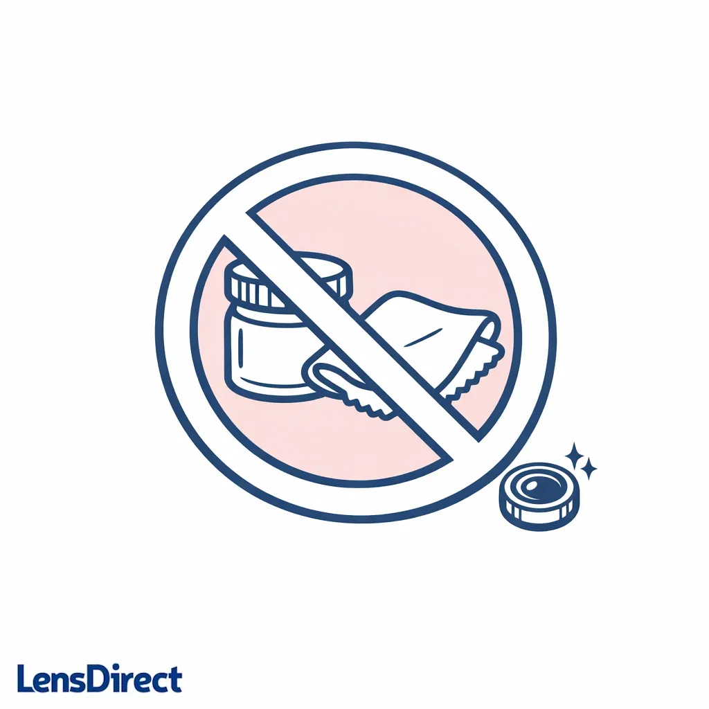 A crossed-out polishing cloth and paste jar warns against DIY scratch fixes that can worsen coatings.