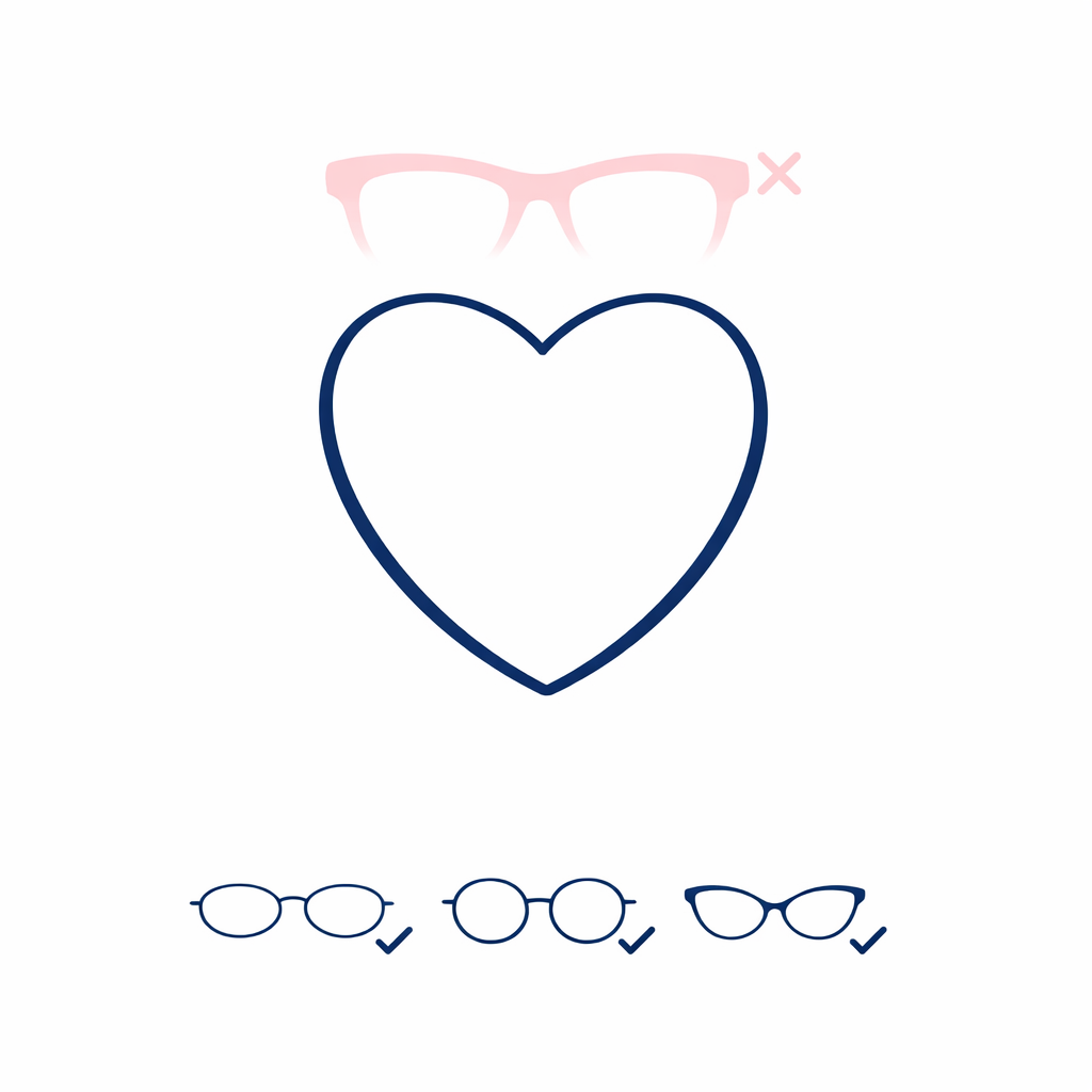 A heart-shaped face icon is matched with lighter, thinner frame options to keep the top half visually balanced.