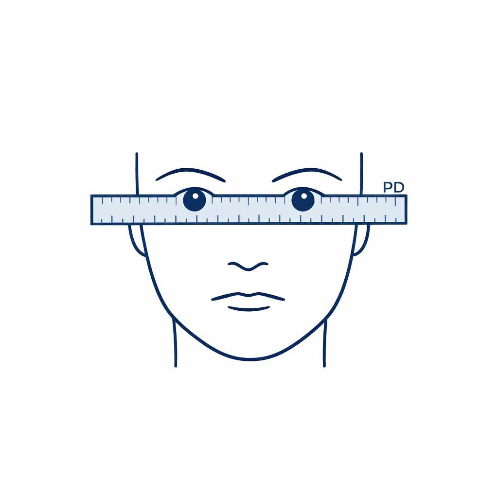 A simple ruler and face diagram showing pupillary distance measurement labeled PD.