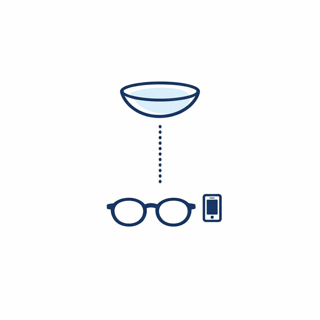 Contact lens icon paired with small reading glasses icon to show distance contacts with readers for near work.
