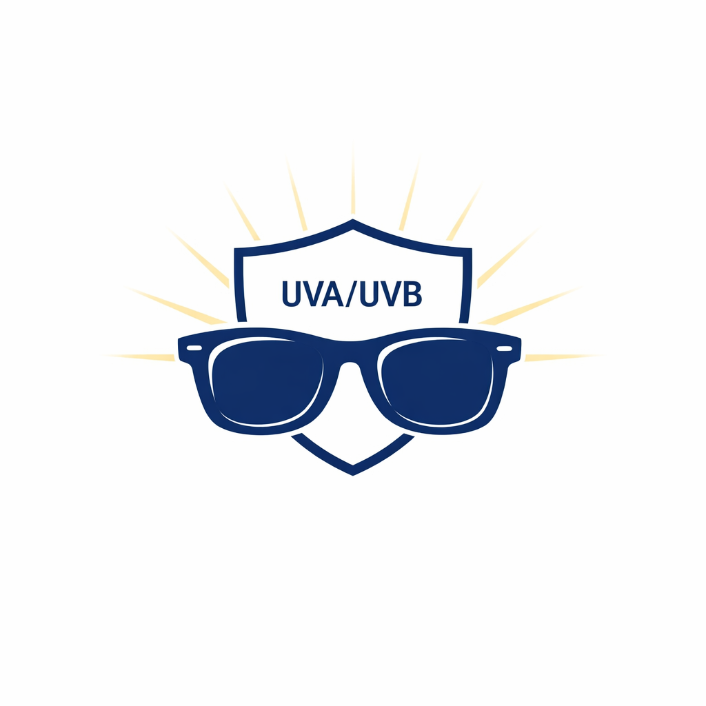 A UV shield icon sits behind sunglasses, indicating UVA and UVB blocking as the baseline for all lens choices.
