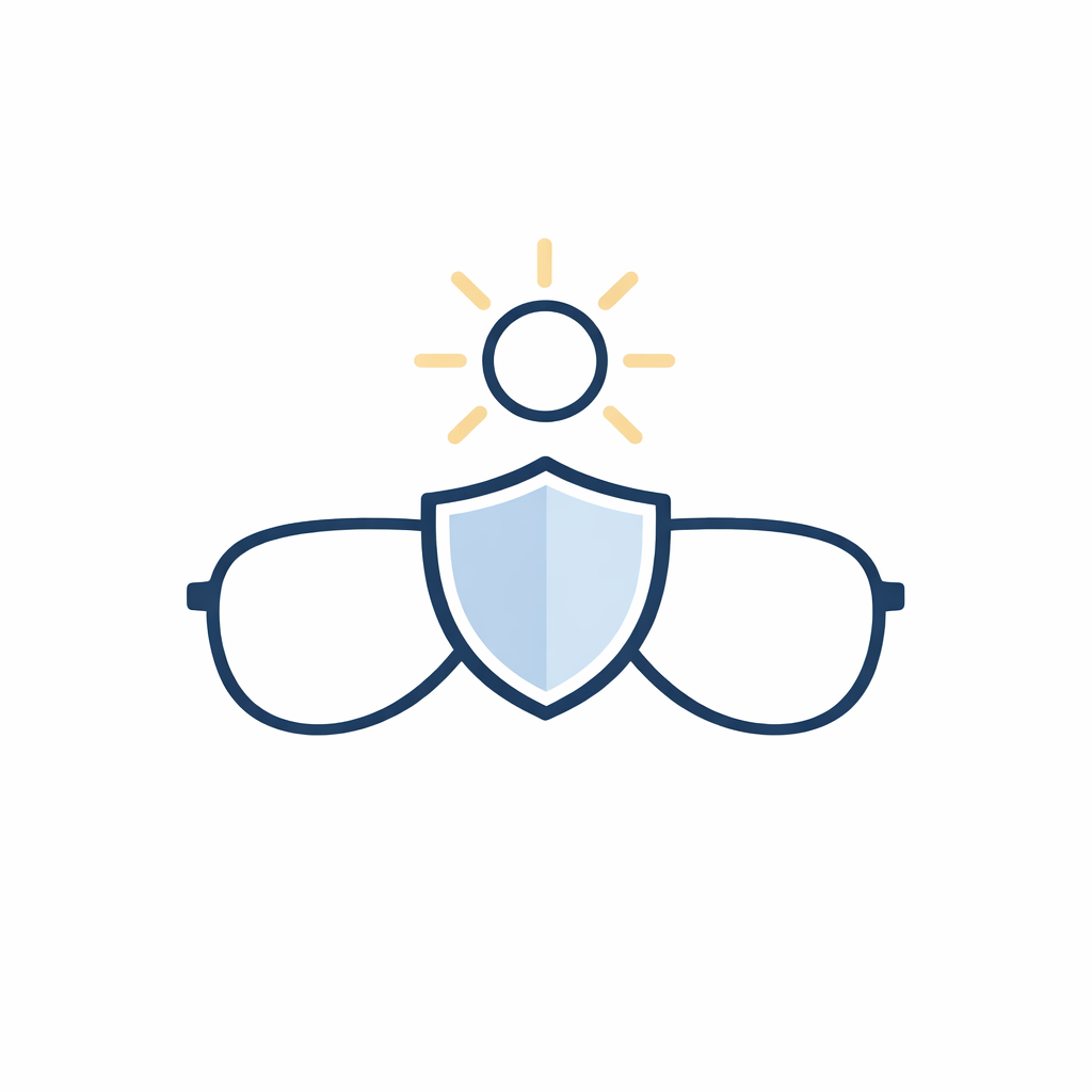 A sun icon shines on lenses with a shield symbol to represent UV blocking as non-negotiable.