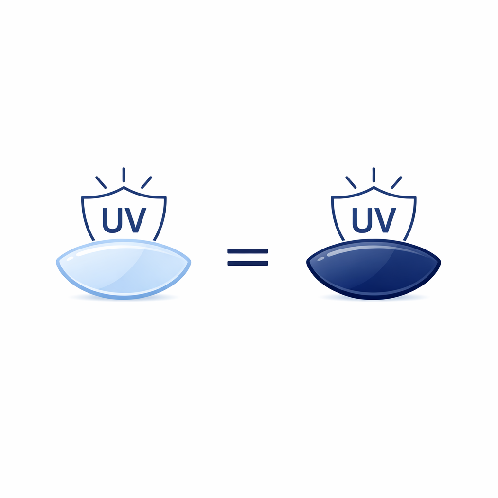 Two lenses with different darkness show the same UV shield behind both, illustrating that tint alone doesn’t equal UV protection.