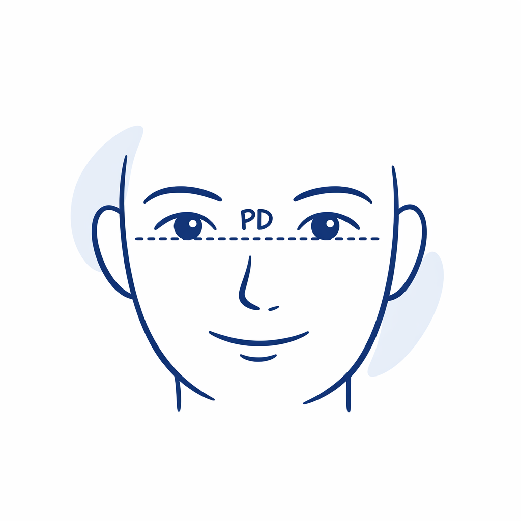 A face diagram shows pupillary distance with a dotted line between pupils labeled PD.