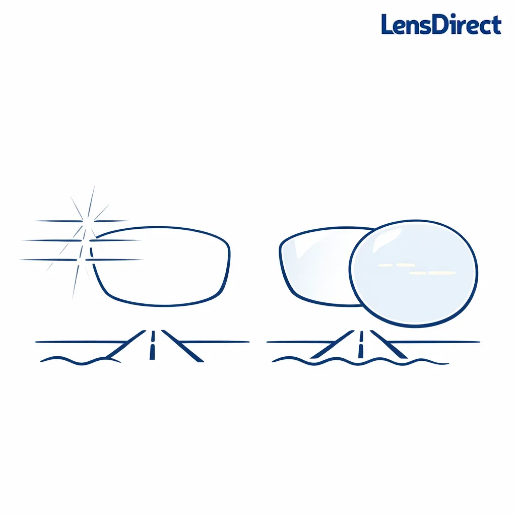 A road and water glare scene is simplified to show polarized lenses reducing horizontal glare lines.