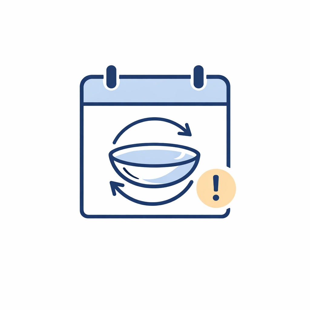 Calendar icon with rotating arrows around a contact lens showing consistent replacement timing.
