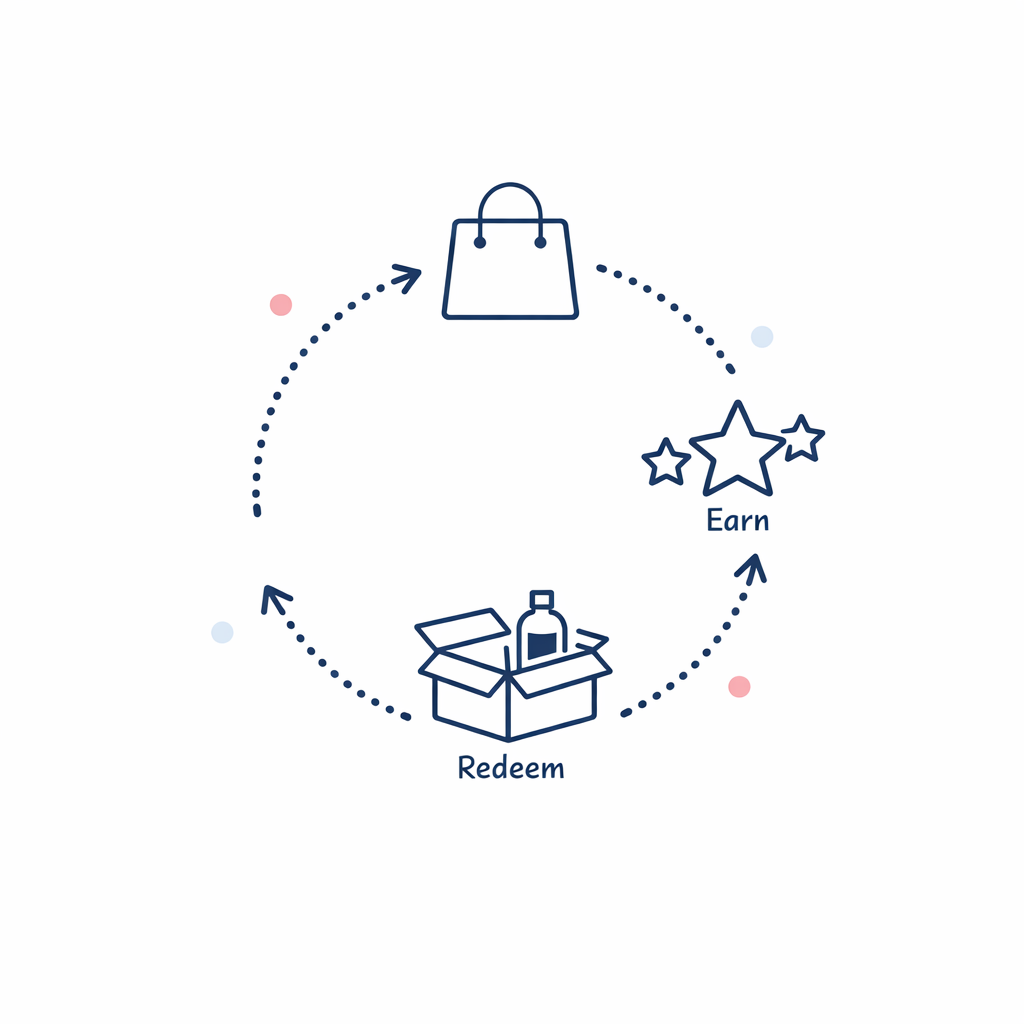 A circular loop showing points earned on purchases and redeemed on predictable reorders.