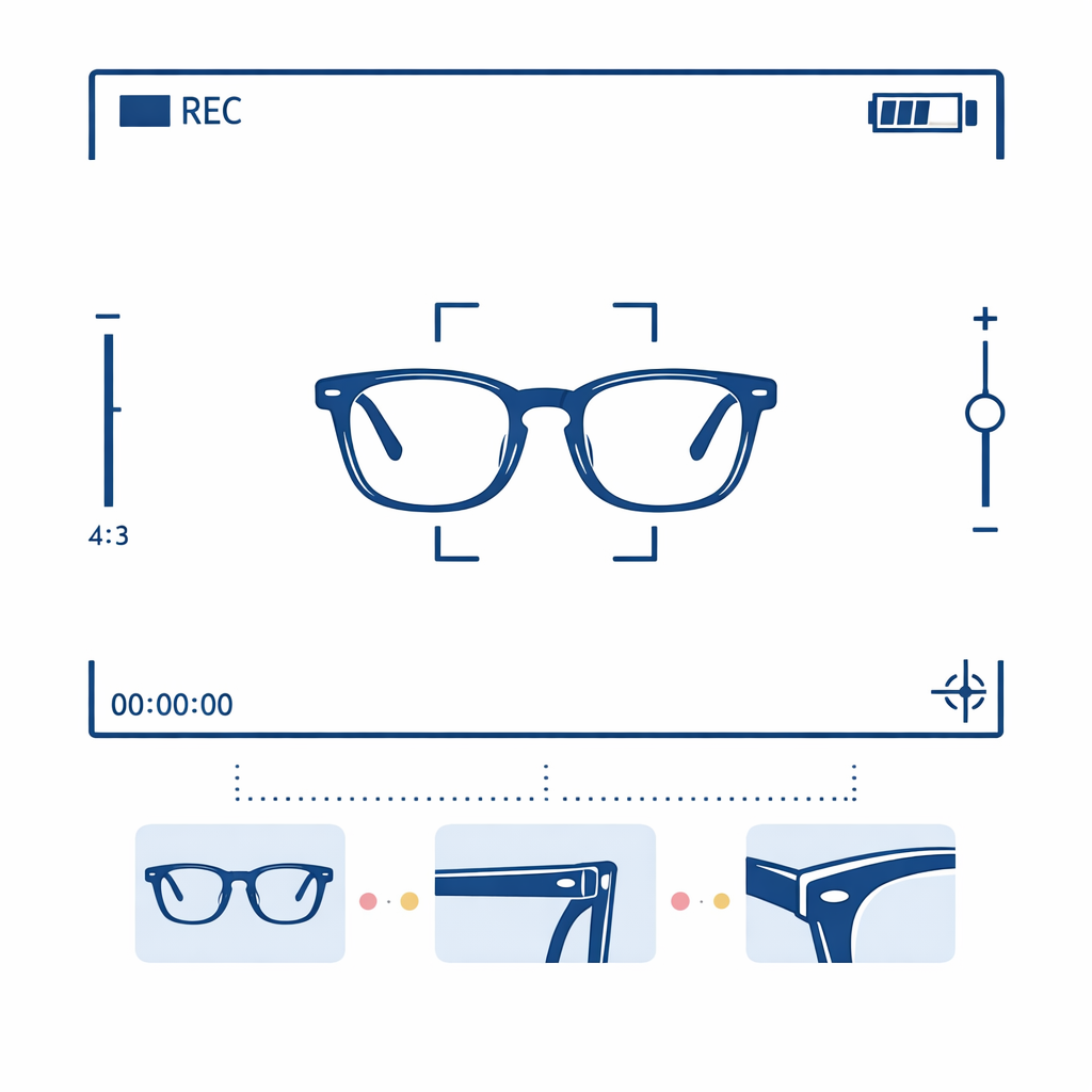 A phone camera outline framing glasses with three thumbnail angles to suggest clear inspection photos.