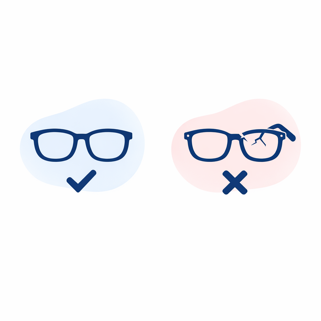 A simple checklist contrasts sturdy frames versus cracked or warped frames for lens replacement.