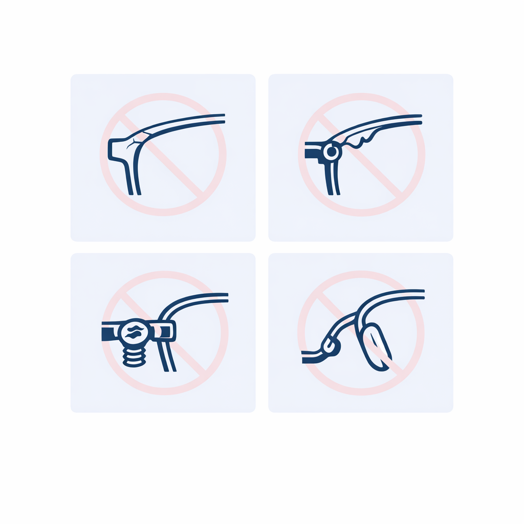 A set of small icons showing cracked rim, glued corner, stripped screw, and broken nose pad arm as no-go cases.